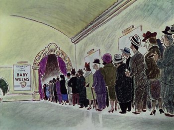 Movie still from “The Reluctant Dragon” (1941), directed by Jack Cutting – A group of people standing in a line in front of a building; Wide shot, High angle