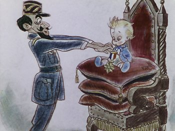 Movie still from “The Reluctant Dragon” (1941), directed by Jack Cutting – A drawing of a man in a uniform holding a baby; Medium shot, Overhead angle