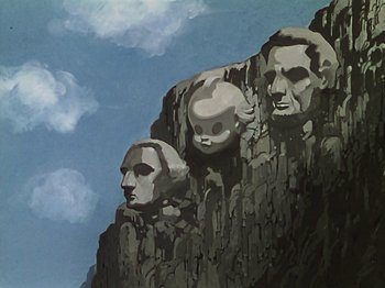 Movie still from “The Reluctant Dragon” (1941), directed by Jack Cutting – A painting of a mountain with three faces on it; Wide shot, Low angle