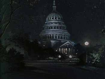 Movie still from “The Reluctant Dragon” (1941), directed by Jack Cutting – A painting of the us capitol building at night; Extreme Wide shot, Low angle