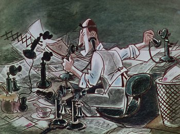 Movie still from “The Reluctant Dragon” (1941), directed by Jack Cutting – A painting of a man sitting on a couch with a bunch of phones; Medium shot, Low angle