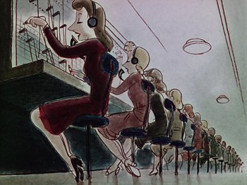 Movie still from “The Reluctant Dragon” (1941), directed by Jack Cutting – A group of people sitting in a room with headphones on; Medium shot, Low angle