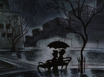 Movie still from “The Reluctant Dragon” (1941), directed by Jack Cutting – Two people sitting on a bench under an umbrella in the rain; Wide shot, Overhead angle