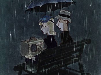 Movie still from “The Reluctant Dragon” (1941), directed by Jack Cutting – Two people sitting on a bench under an umbrella in the rain; Medium shot, Low angle