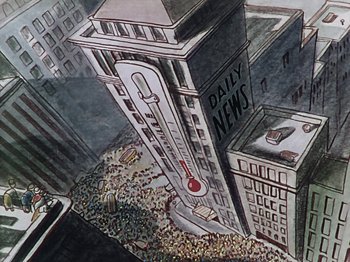 Movie still from “The Reluctant Dragon” (1941), directed by Jack Cutting – An aerial view of a building with a thermometer on it's side; Extreme Wide shot, Low angle