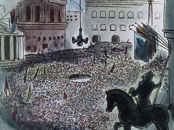 Movie still from “The Reluctant Dragon” (1941), directed by Jack Cutting – A painting of a man riding on a horse in a crowd of people; Extreme Wide shot, Overhead angle