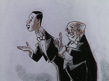 Movie still from “The Reluctant Dragon” (1941), directed by Jack Cutting – A couple of men standing next to each other in tuxedos; Medium shot, Low angle