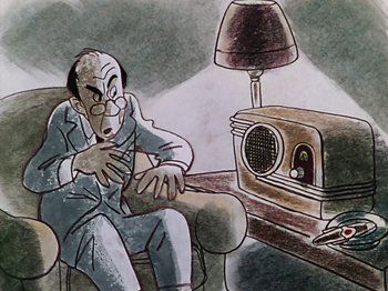 Movie still from “The Reluctant Dragon” (1941), directed by Jack Cutting – A man sitting in a chair next to an old fashioned radio; Medium shot, Low angle