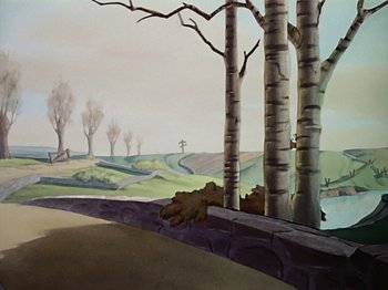 Movie still from “The Reluctant Dragon” (1941), directed by Jack Cutting – A painting of a bear laying on the side of the road; Extreme Wide shot, Low angle