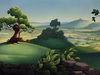 Movie still from “The Reluctant Dragon” (1941), directed by Jack Cutting – An artistic painting of a tree on top of a hill; Extreme Wide shot, Low angle