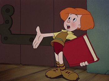 Movie still from “The Reluctant Dragon” (1941), directed by Jack Cutting – A cartoon of a boy holding a book; Medium shot, Low angle