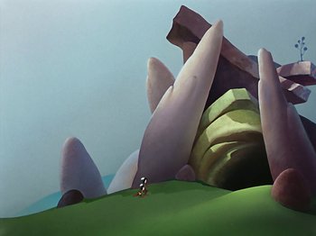 Movie still from “The Reluctant Dragon” (1941), directed by Jack Cutting – An ant standing on top of a green hill; Extreme Wide shot, Low angle