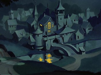 Movie still from “The Reluctant Dragon” (1941), directed by Jack Cutting – A painting of an old european town at night; Extreme Wide shot, High angle