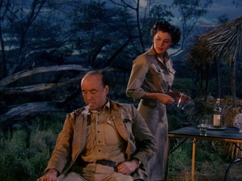 Movie still from “The Snows of Kilimanjaro” (1952), directed by Henry King – A man and a woman sitting in a field at night; Medium shot, Low angle