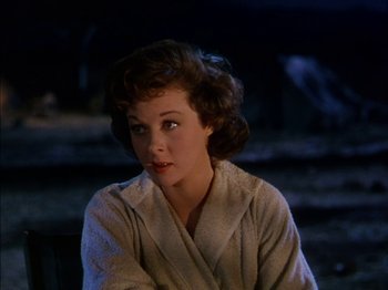 Movie still from “The Snows of Kilimanjaro” (1952), directed by Henry King – A woman in a bathrobe sitting in front of a window; Close Up shot, Over the shoulder angle