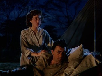 Movie still from “The Snows of Kilimanjaro” (1952), directed by Henry King – A man and a woman are sitting on a bed; Medium shot, Low angle