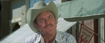 Movie still from “The Swarm” (1978), directed by Irwin Allen – An older man wearing a cowboy hat and plaid shirt; Close Up shot, Low angle
