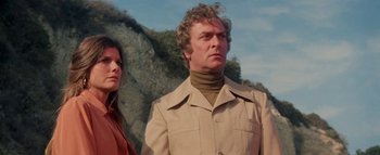 Movie still from “The Swarm” (1978), directed by Irwin Allen – A man and a woman standing next to each other in front of a cliff; Medium shot, Low angle