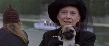 Movie still from “The Truth About Charlie” (2002), directed by Jonathan Demme – An older woman holding a small pug dog; Close Up shot, Low angle