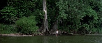 Movie still from “Tom Sawyer” (1973), directed by Don Taylor – A person standing in the water next to a tree; Extreme Wide shot, High angle