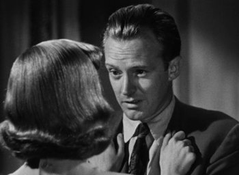 Movie still from “Too Late for Tears” (1949), directed by Byron Haskin – A man and a woman looking at one another; Close Up shot, Over the shoulder angle