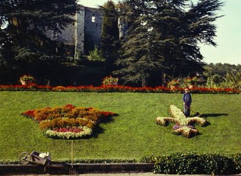 Movie still from “Ô saisons ô chateaux” (1958), directed by Agnès Varda – A person standing in a garden with a garden in the background; Extreme Wide shot, High angle