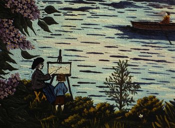 Movie still from “Ô saisons ô chateaux” (1958), directed by Agnès Varda – A painting of a woman and a little girl painting; Wide shot, Overhead angle