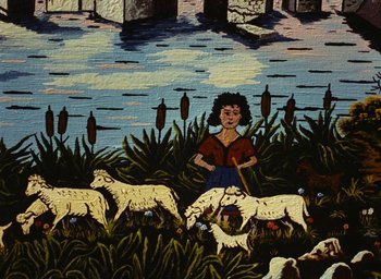 Movie still from “Ô saisons ô chateaux” (1958), directed by Agnès Varda – A painting of a woman herding a flock of sheep; Close Up shot, Overhead angle