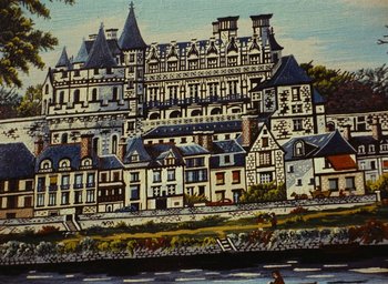 Movie still from “Ô saisons ô chateaux” (1958), directed by Agnès Varda – A painting of an old european castle with a river in the foreground; Extreme Wide shot, High angle
