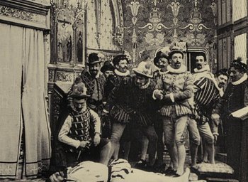 Movie still from “Ô saisons ô chateaux” (1958), directed by Agnès Varda – A group of men dressed in medieval costumes; Wide shot, Low angle