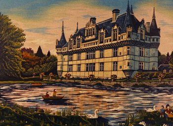 Movie still from “Ô saisons ô chateaux” (1958), directed by Agnès Varda – A painting of an old castle with a lake and a boat; Extreme Wide shot, High angle