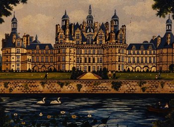 Movie still from “Ô saisons ô chateaux” (1958), directed by Agnès Varda – A painting of a castle with swans swimming in the water; Extreme Wide shot, High angle