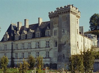 Movie still from “Ô saisons ô chateaux” (1958), directed by Agnès Varda – An old building with a large tower and a turreted roof; Extreme Wide shot, Low angle