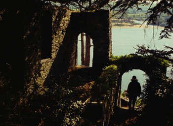 Movie still from “Ô saisons ô chateaux” (1958), directed by Agnès Varda – A person standing in front of a tree near a body of water; Extreme Wide shot, Low angle