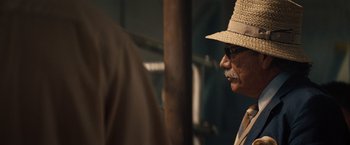 Movie still from “2 Guns” (2013), directed by Baltasar Kormákur – An older man wearing a straw hat and sunglasses; Close Up shot, Low angle