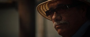 Movie still from “2 Guns” (2013), directed by Baltasar Kormákur – An older man wearing a straw hat and glasses; Close Up shot, Low angle
