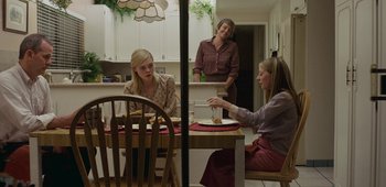 Movie still from “20th Century Women” (2016), directed by Mike Mills – Three women are sitting at a table in a kitchen; Medium shot, Over the shoulder angle