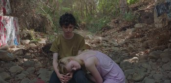 Movie still from “20th Century Women” (2016), directed by Mike Mills – A boy and a girl sitting on the ground in the woods; Medium shot, High angle