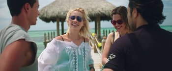 Movie still from “47 Meters Down” (2017), directed by Johannes Roberts – Two beautiful young women standing next to each other on the beach; Medium shot, Over the shoulder angle