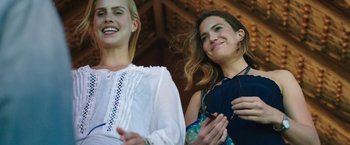 Movie still from “47 Meters Down” (2017), directed by Johannes Roberts – Two beautiful women standing next to each other; Close Up shot, Low angle