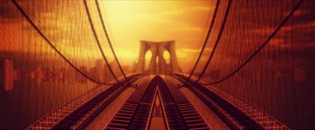 Movie still from “7500” (2019), directed by Patrick Vollrath – An image of a train track going across a bridge; Extreme Wide shot, High angle