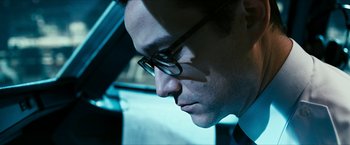 Movie still from “7500” (2019), directed by Patrick Vollrath – A person wearing glasses; Close Up shot, Low angle