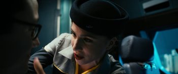 Movie still from “7500” (2019), directed by Patrick Vollrath – A person wearing a hat; Close Up shot, Overhead angle