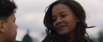 Movie still from “A Journal for Jordan” (2021), directed by Denzel Washington – A woman's face in a black jacket; Close Up shot, Over the shoulder angle