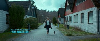 Movie still from “A Man Called Ove” (2015), directed by Hannes Holm – A woman walking down a street with a dog; Wide shot, Low angle