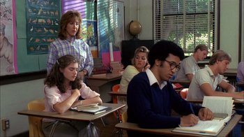 Movie still from “A Nightmare on Elm Street” (1984), directed by Wes Craven – A group of people sitting at desks in a classroom; Medium shot, Over the shoulder angle