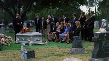 Movie still from “A Nightmare on Elm Street” (1984), directed by Wes Craven – A group of people sitting around a grave; Wide shot, High angle