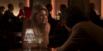 Movie still from “A Rainy Day in New York” (2019), directed by Woody Allen – A woman sitting at a table talking to a man; Medium shot, Over the shoulder angle