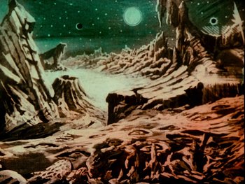 A painting of a desert landscape with mountains and planets in the background