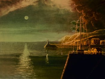 Movie still from “A Trip to the Moon” (1902), directed by Georges Méliès – An oil painting of an ocean scene with a boat in the background; Extreme Wide shot, Low angle